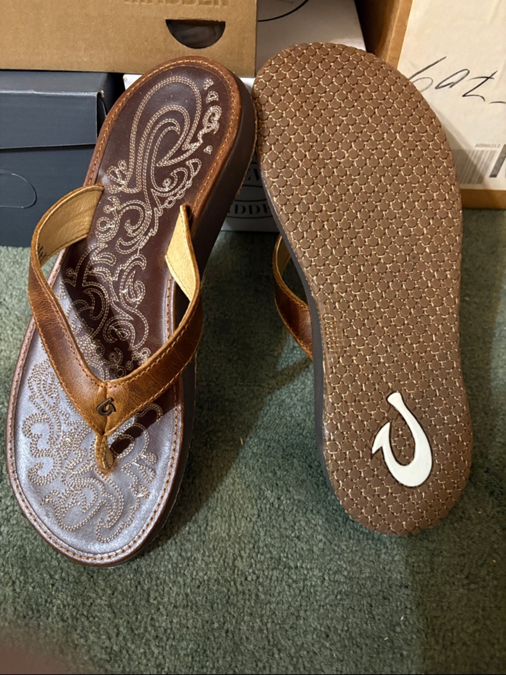 OluKai Brown Leather Flip-Flops with Embossed Footbed